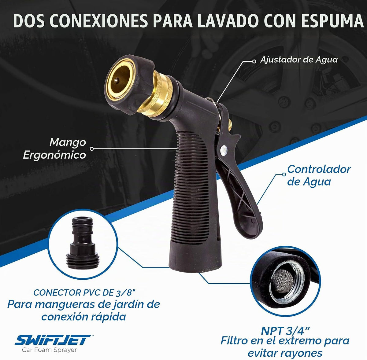 SwiftJet Pistola de espuma para lavado de autos + guante de lavado de microfibra, cañón de espuma que funciona con cualquier jabón, rociador de espuma para manguera de jardín, kit de lavado de autos, accesorios de automóvil (pistola de espuma naranja con
