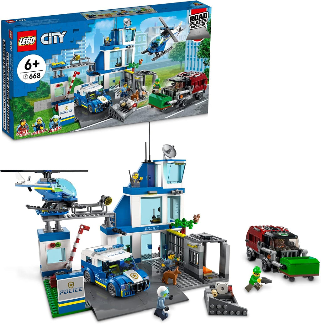 LEGO Estación de policía de la ciudad con furgoneta, camión de basura y juguete de helicóptero 60316, regalos para niños de 6 años de edad, niños y niñas con 5 minifiguras y juguete para perros