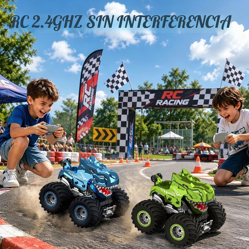 pinkking Monster Truck Juguetes Camión RC Dinosaurio, control remoto con luz y rociador, juguetes RC de dinosaurio para niños, giros de 360° y vehículo monstruo a la deriva con carga Tipo-C para