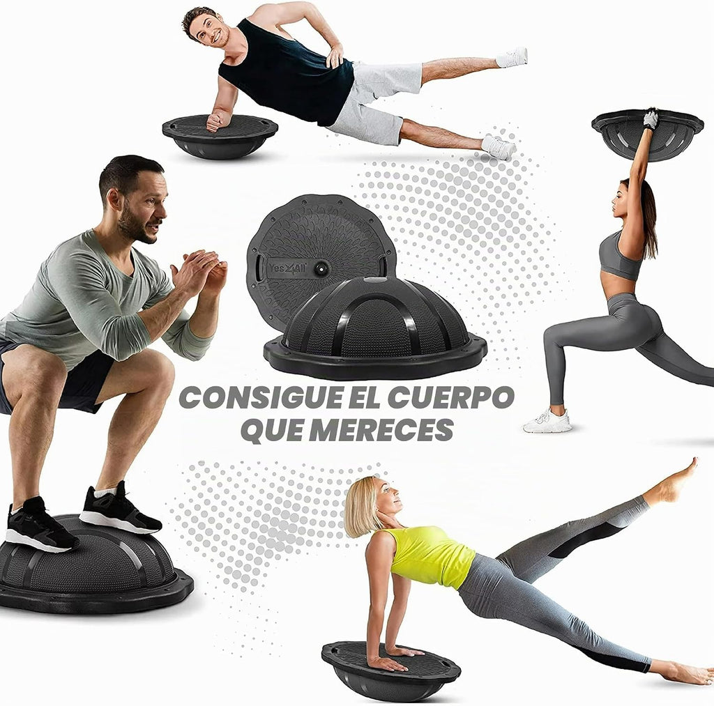 Balón entrenador Half Balance con banda de resistencia y balón de pilates (Azul/Negro)