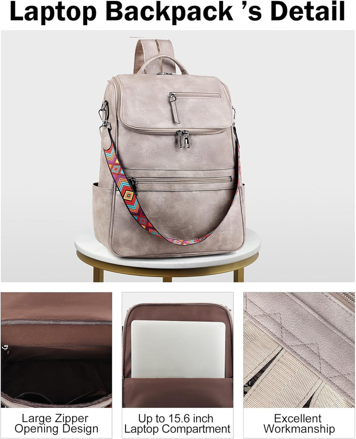 FADEON Mochila para laptop para mujer, mochila de cuero de viaje co...
