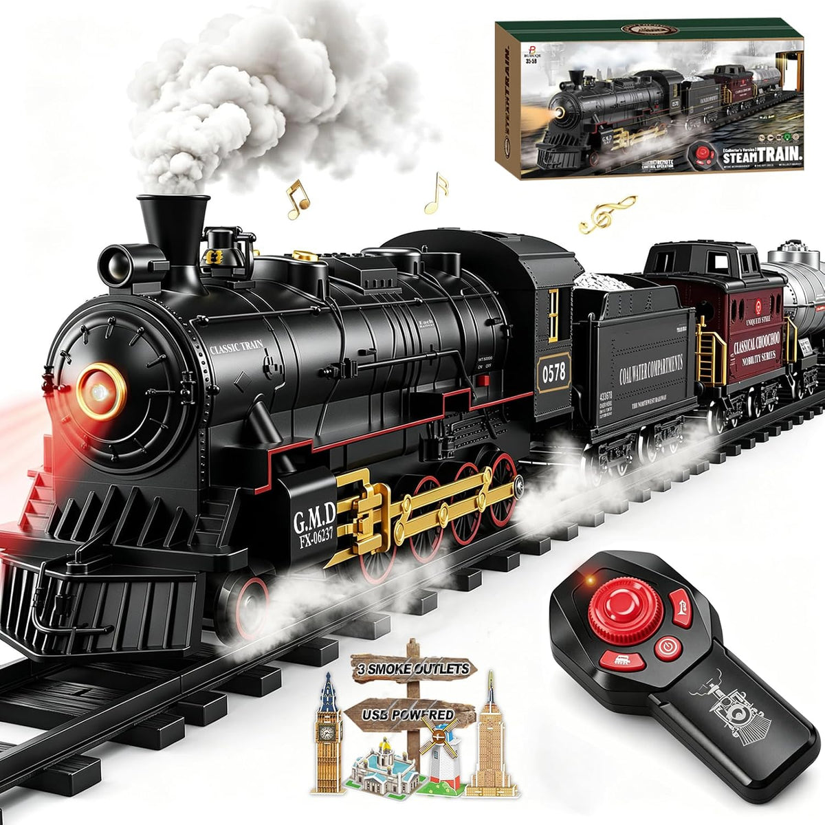 Juego de tren eléctrico a control remoto, locomotora de vapor, vagón de carga y pistas, juguetes de tren para niños con 3 humo, silbato y luces, regalo de cumpleaños de Navidad para niños y niñas de 3, 4, 5, 6, 7