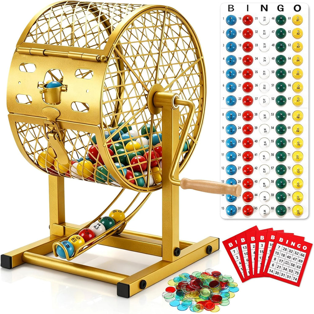 Juego de bingo de 12.6 pulgadas de alto con jaula de acero, juego de bingo profesional para adultos incluye 150 fichas coloridas, 30 tarjetas y 75 bolas, ideal para diversión familiar, grupos grandes, fiestas
