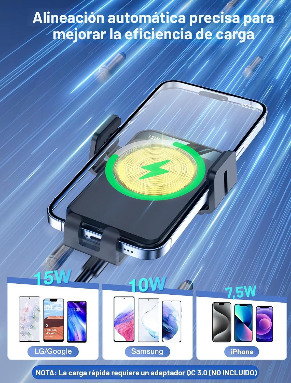 Cargador inalámbrico para automóvil, soporte de automóvil MOKPR con sujeción automática de 15 W/10 W/7.5 W, carga rápida, ventilación de aire, soporte de teléfono para automóvil, compatible con iPhone