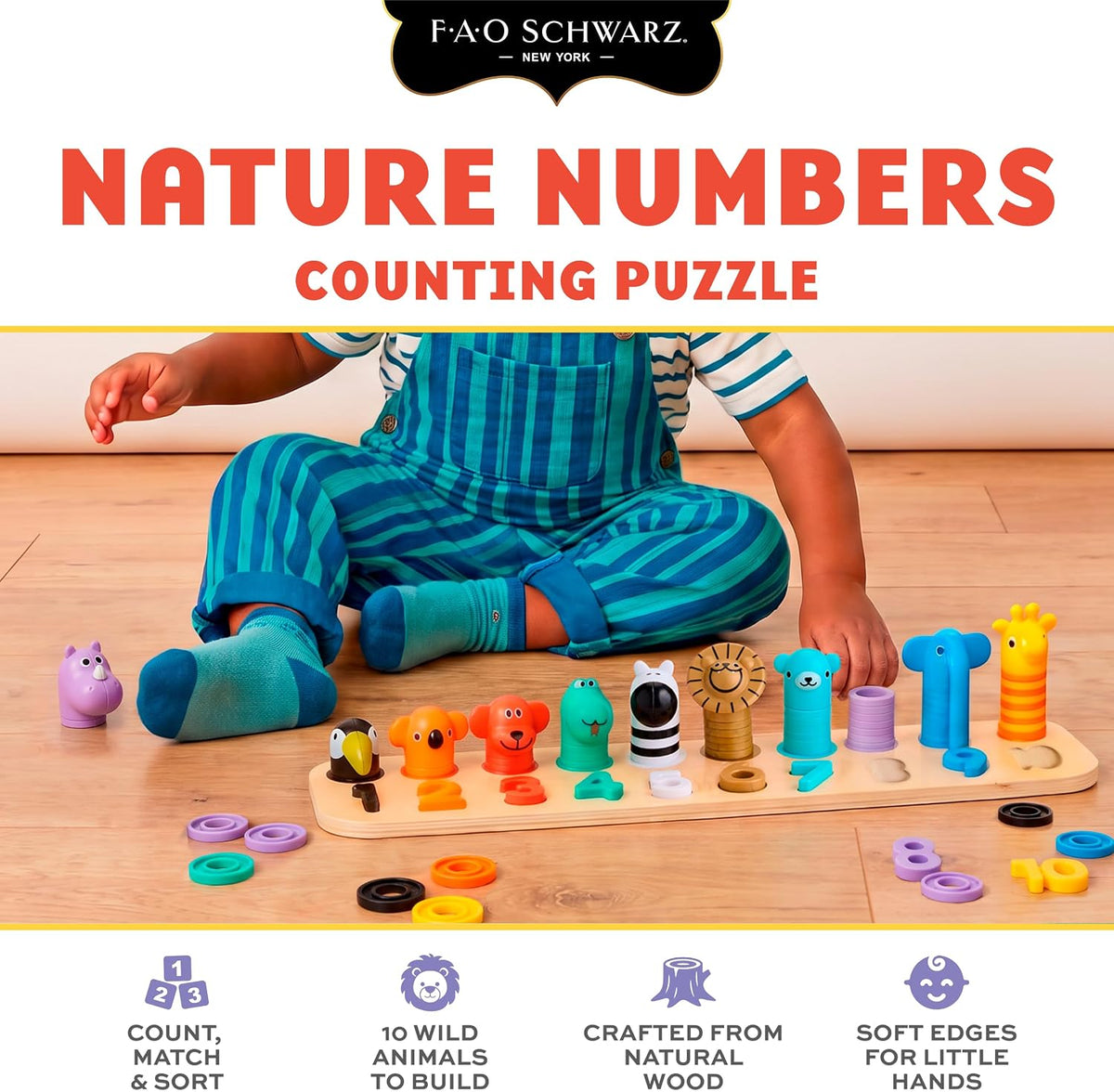 FAO Schwarz Nature Numbers - Rompecabezas de madera para contar, 76 piezas