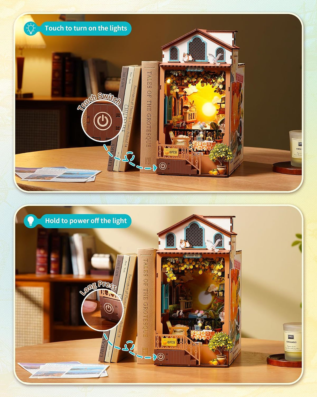 Rolife Kit de rincón de libros para bricolaje, Isla del atardecer, rompecabezas 3D con temática costera de puesta de sol, kit de casa en miniatura, árbol de limón y decoración de vista al mar para