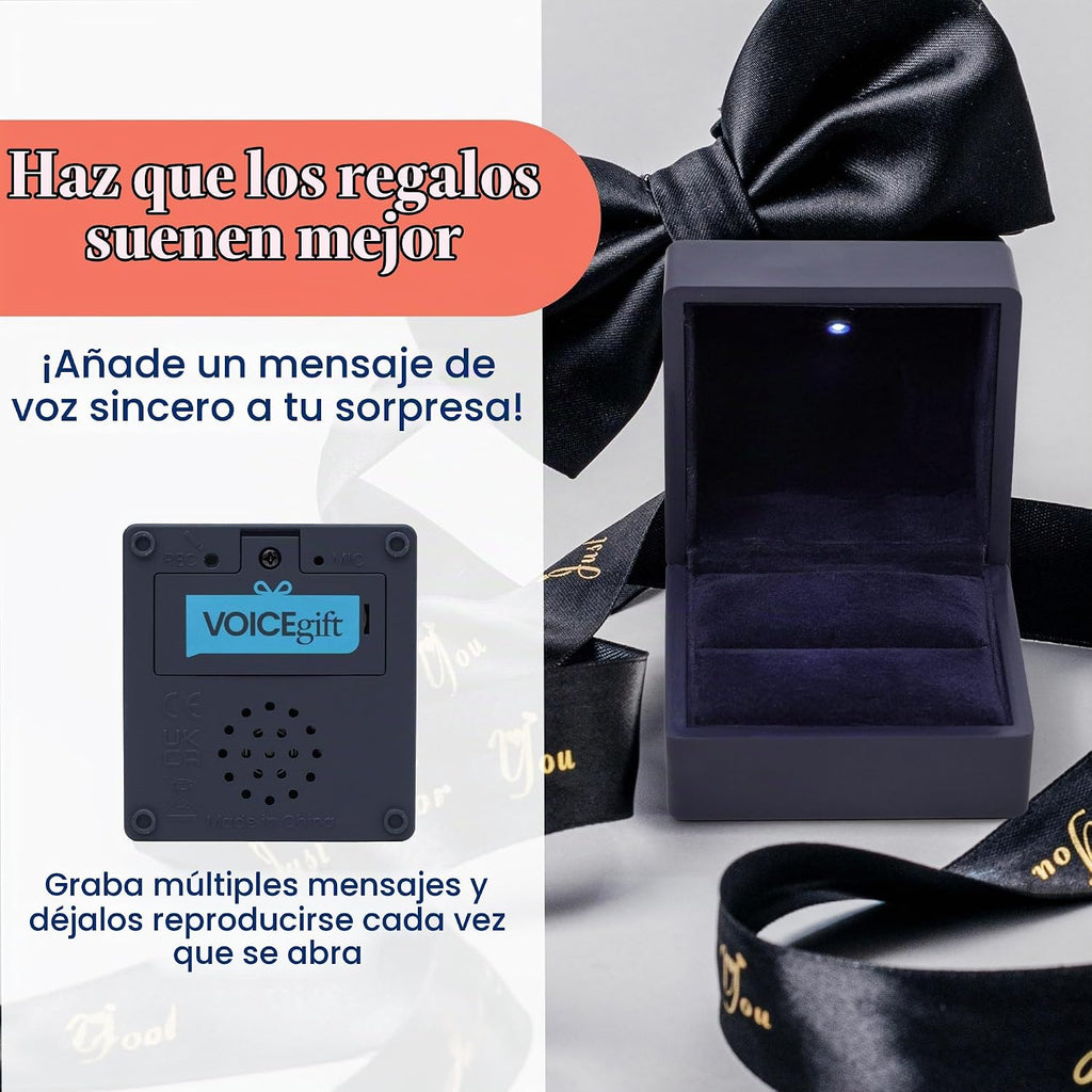 Caja de anillo grabable con luz LED, grabadora de voz de 60 segundos, caja de regalo de joyería de terciopelo para propuesta, compromiso y recuerdo, azul medianoche