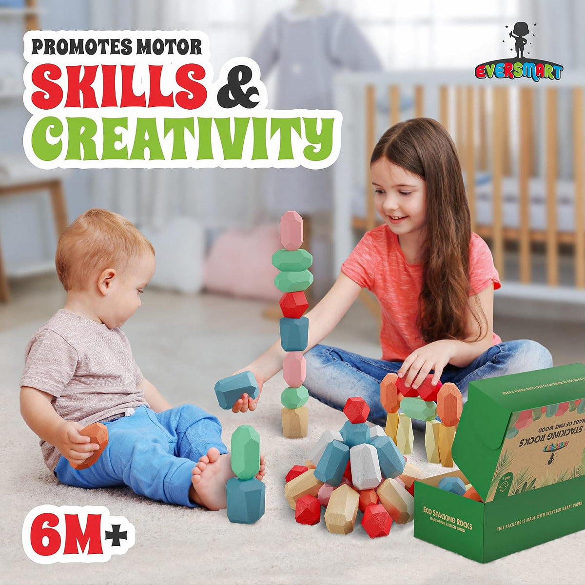 36 piezas de bloques apilables de madera – Juguetes Montessori para niños de 1 2 3 4 5 6 años, rocas XL, sin riesgo de asfixia – Piedras de construcción STEM sensoriales, para niñas y niños