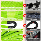 Cuerda de remolque de recuperación cinética de 1-1/8 pulgadas x 20 pies (37,480 libras), con 2 grilletes suaves UHMWPE (40,980 libras), correa de arranque todoterreno resistente, kit de