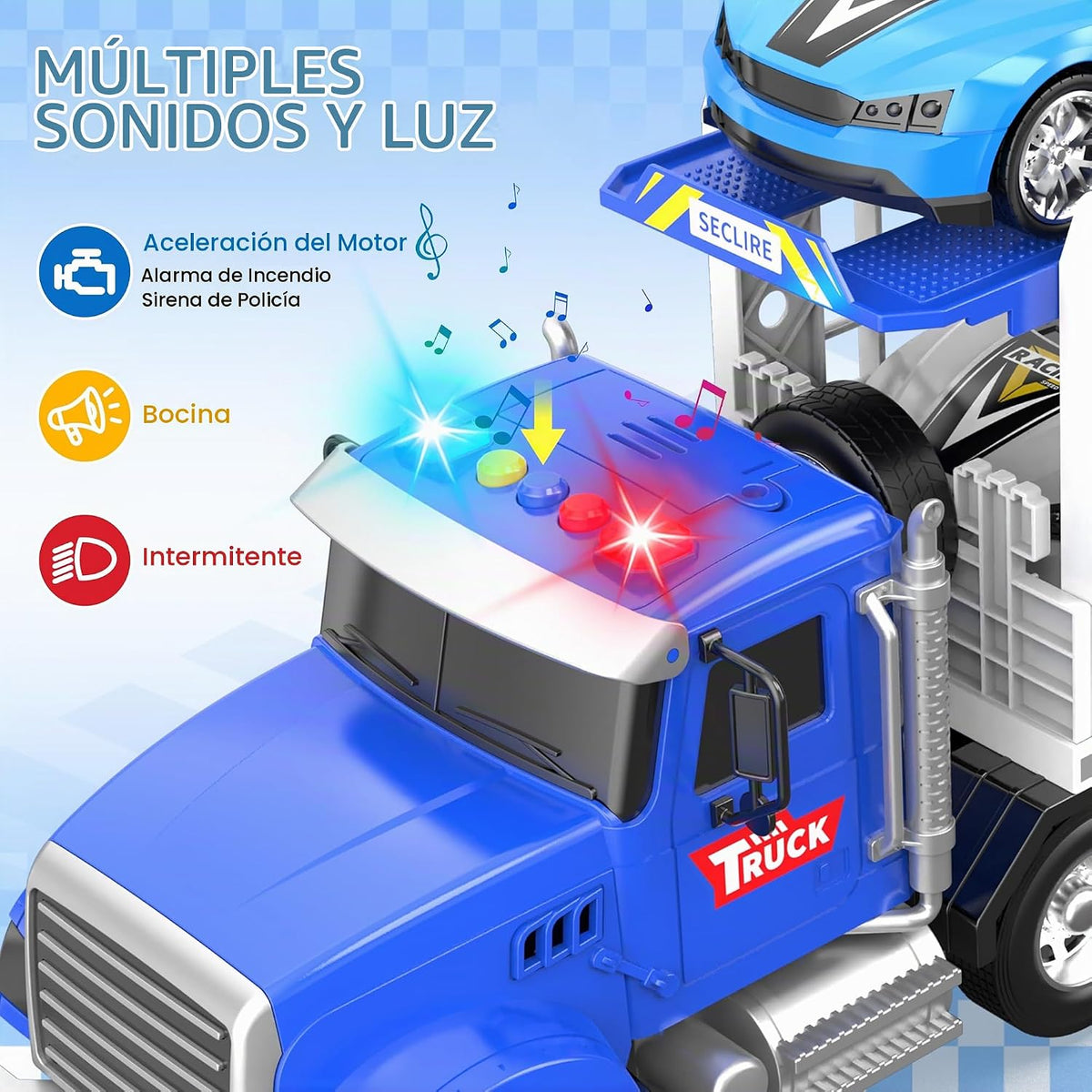 Juguete semi camión con 4 juguetes de coche, camiones de doble capa para
