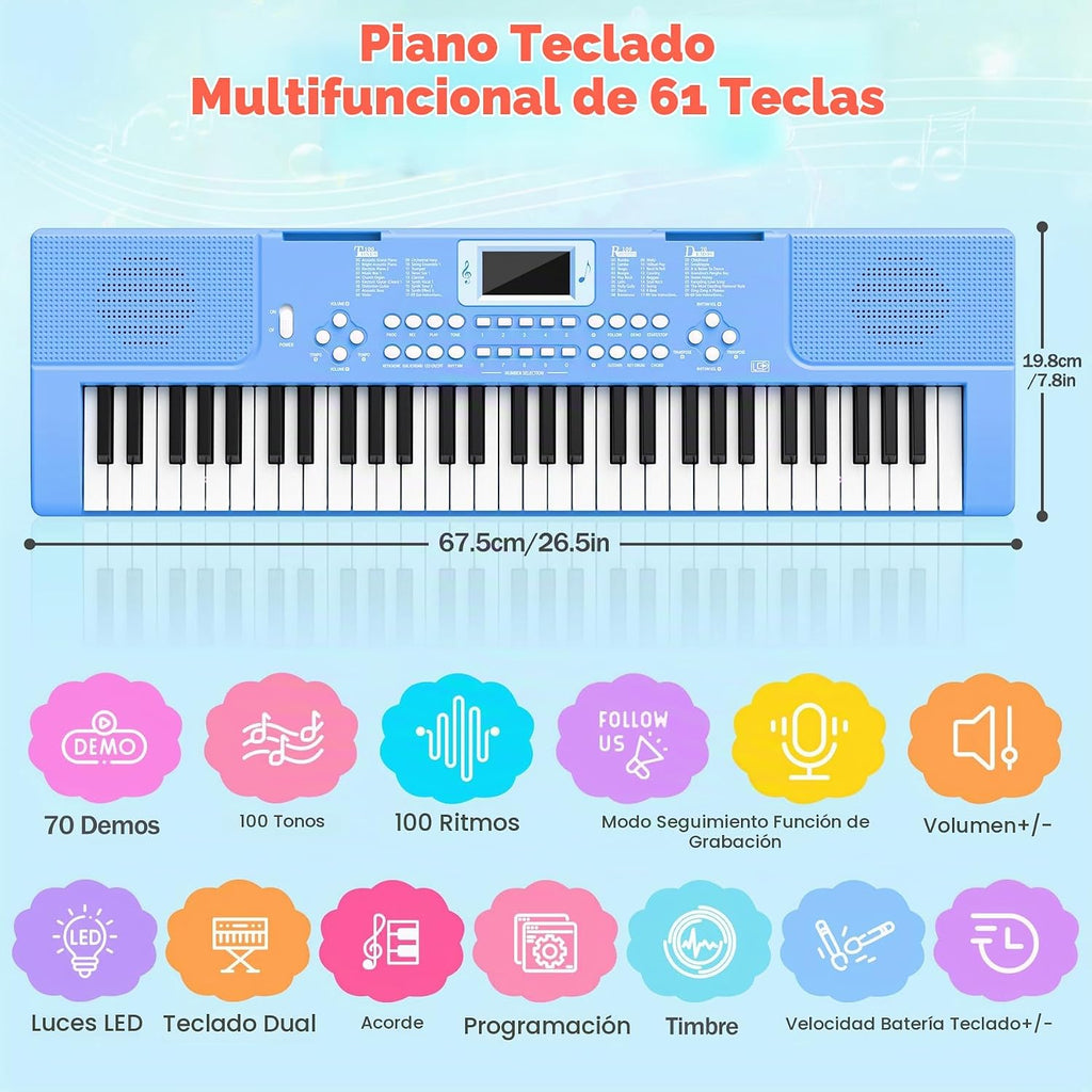 Teclado de piano para niños de 61 teclas con teclas iluminadas, modo de enseñanza, altavoz dual