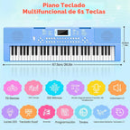 Teclado de piano para niños de 61 teclas con teclas iluminadas, modo de enseñanza, altavoz dual