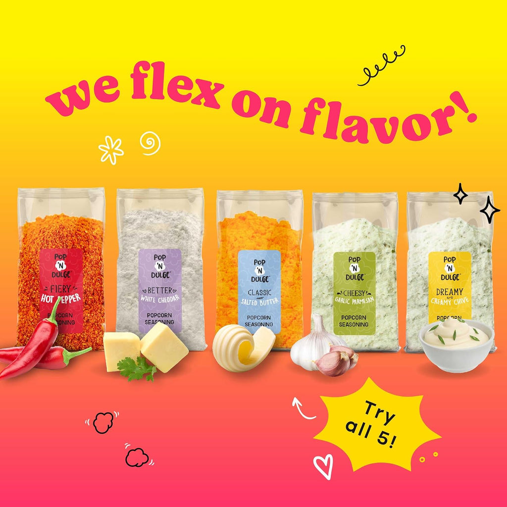 Pop n' Dulge Palomitas de maíz para noche de cine, set de regalo de 16 piezas, 5 paquetes de palomitas gourmet sin OMG, 5 paquetes de variedad de condimentos, snacks kosher, gran idea de regalo para