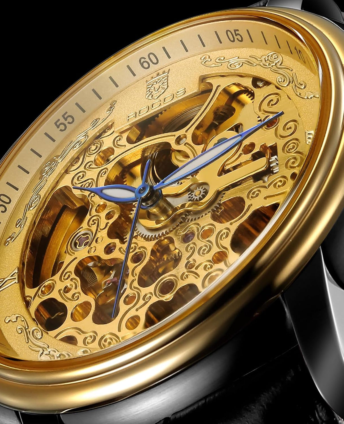 ROCOSJEWE R0142 Relojes automáticos de oro vintage con doble esqueleto para hombres, reloj de pulsera mecánico de cuerda automática con manecillas luminosas, correa de cuero genuino negra, reloj de