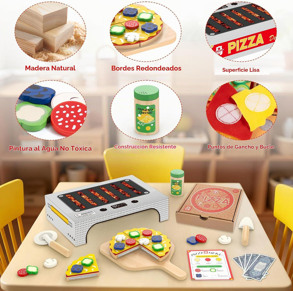 WOODMAM Juego de juguetes de pizza, comida realista Montessori con caja de