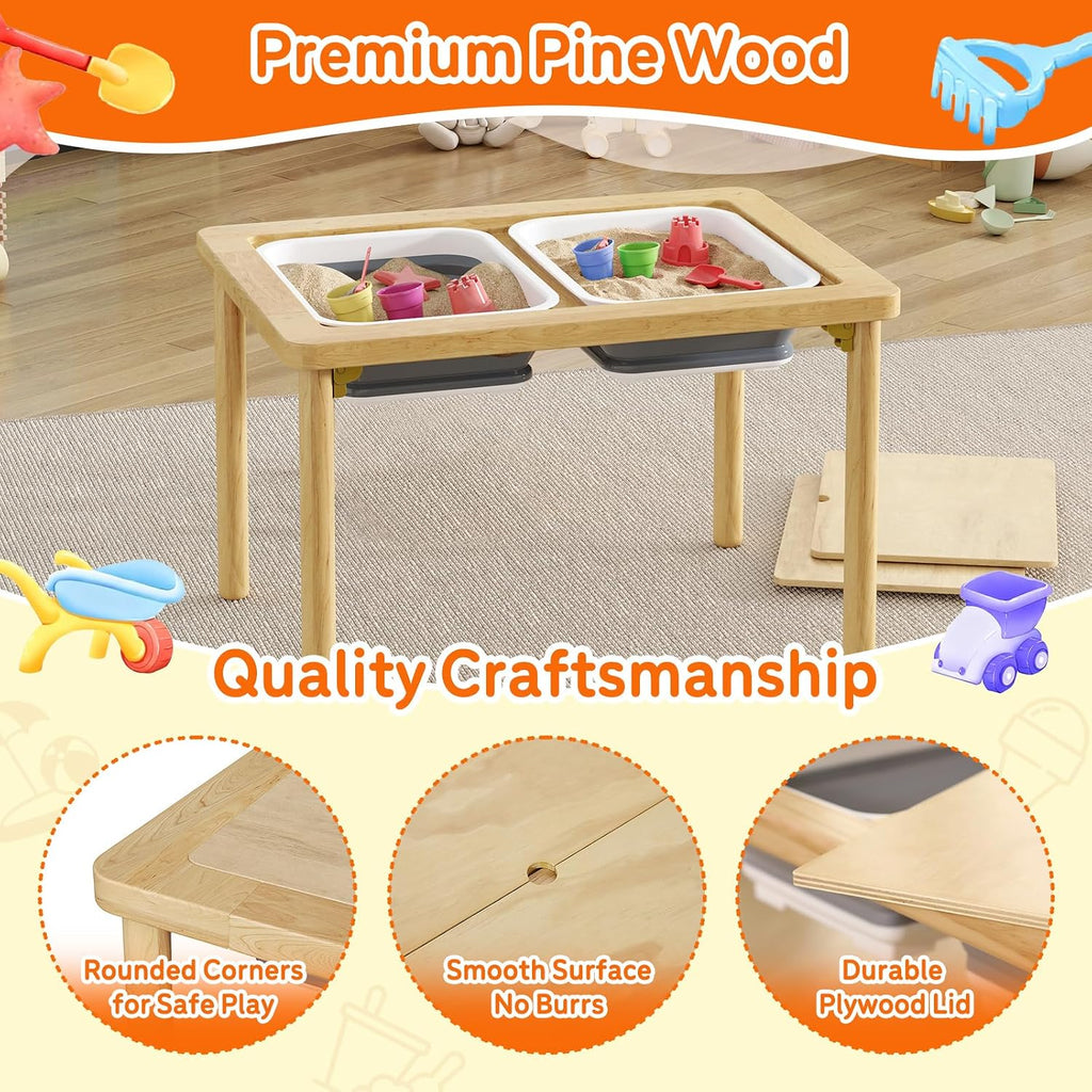 FUNLIO Mesa sensorial plegable de madera con 2 contenedores para niños pequeños, mesa sensorial para niños con tapa de madera contrachapada antideformación, juego de arena y agua para interiores y exteriores, certificado CPC