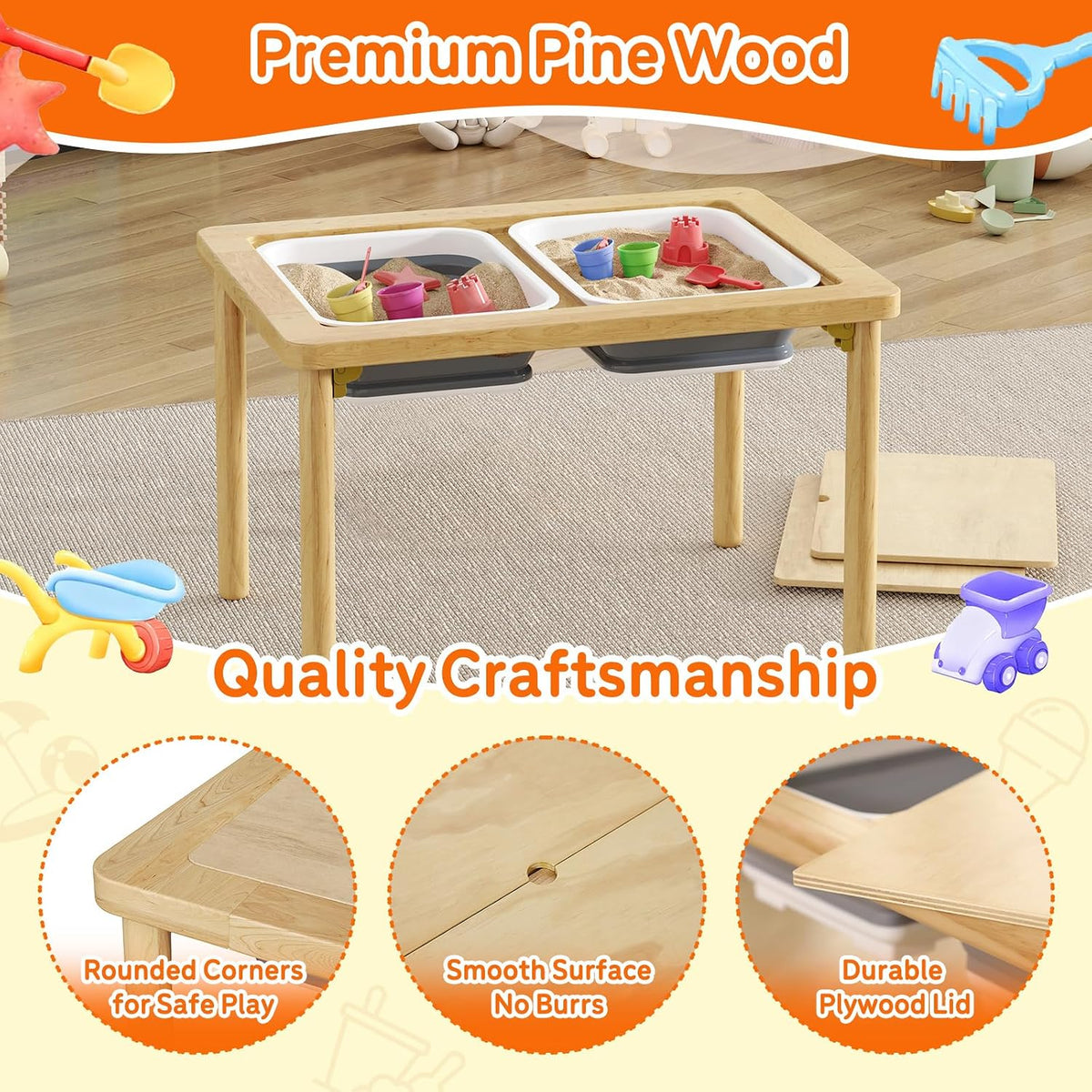 FUNLIO Mesa sensorial plegable de madera con 2 contenedores para niños pequeños, mesa sensorial para niños con tapa de madera contrachapada antideformación, juego de arena y agua para interiores y exteriores, certificado CPC
