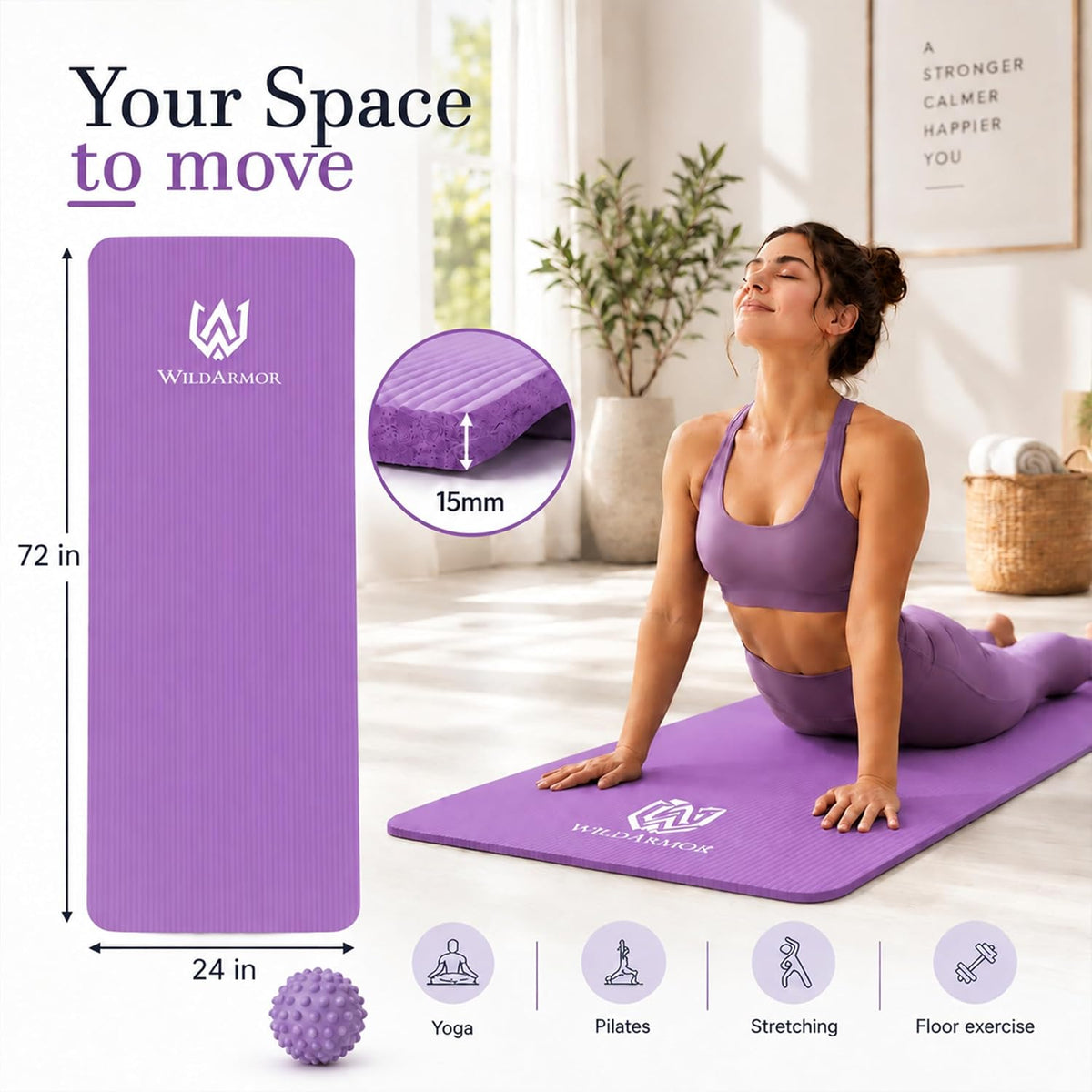 Tapete de yoga extra grueso, antideslizante de 0.591 in NBR, 72 x 24 pulgadas, viene con bola de masaje TPE y cronómetro digital, alfombrilla de entrenamiento para ejercicio en casa, fitness, pilates