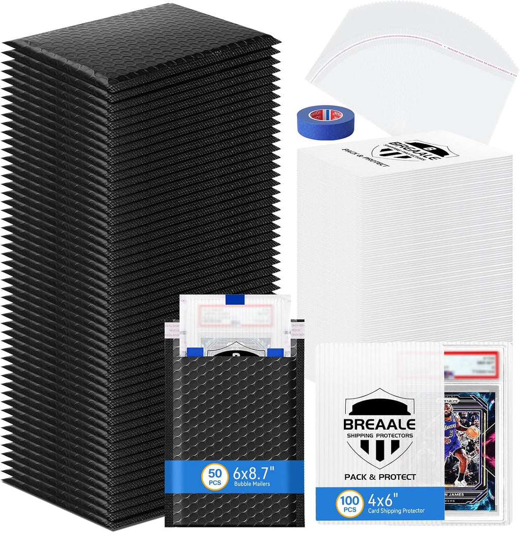 Kit de envío de tarjetas coleccionables, incluye 100 protectores de envío de tarjetas graduadas de 4 x 6 pulgadas, 50 sobres de burbujas de 6 x 8.7 pulgadas, cinta de pintor de 65.6 ft, 50