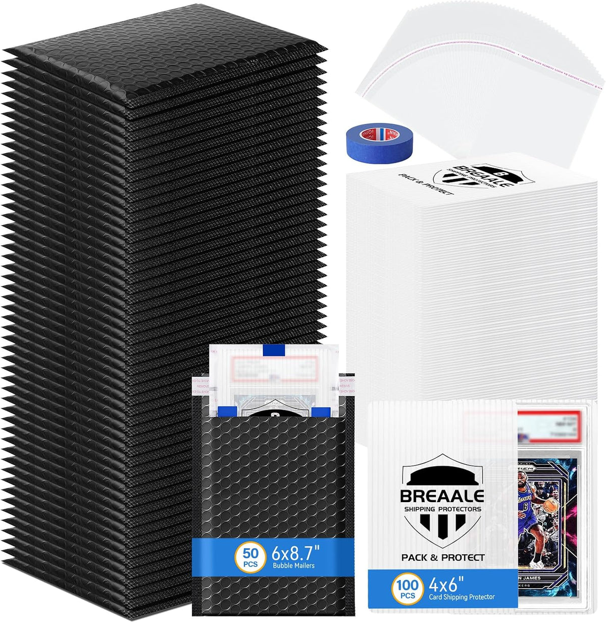 Kit de envío de tarjetas coleccionables, incluye 100 protectores de envío de tarjetas graduadas de 4 x 6 pulgadas, 50 sobres de burbujas de 6 x 8.7 pulgadas, cinta de pintor de 65.6 ft, 50