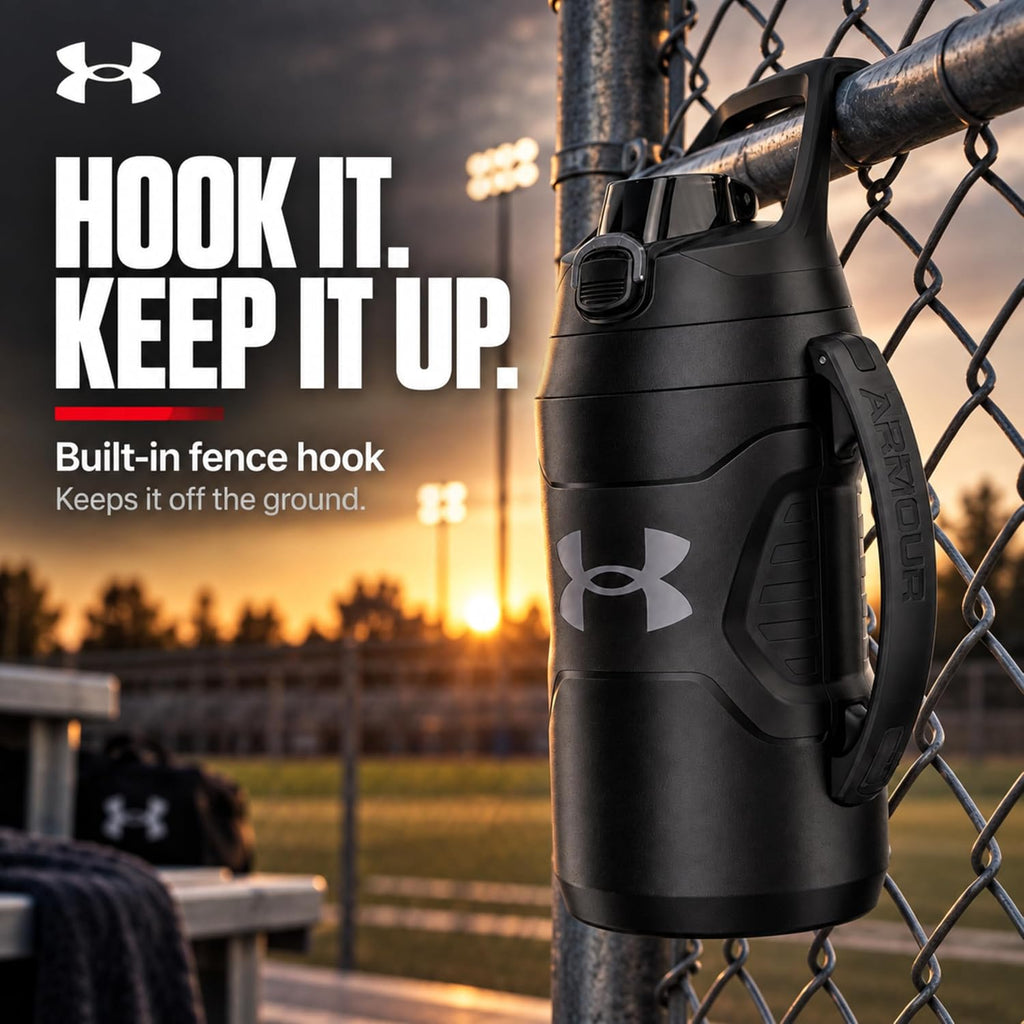 Under Armour Botella de agua aislada con asa y gancho para cerca, jarra de agua deportiva de medio galón, resistente a fugas y sin BPA para béisbol, fútbol y gimnasio, negro/negro, 64 onzas