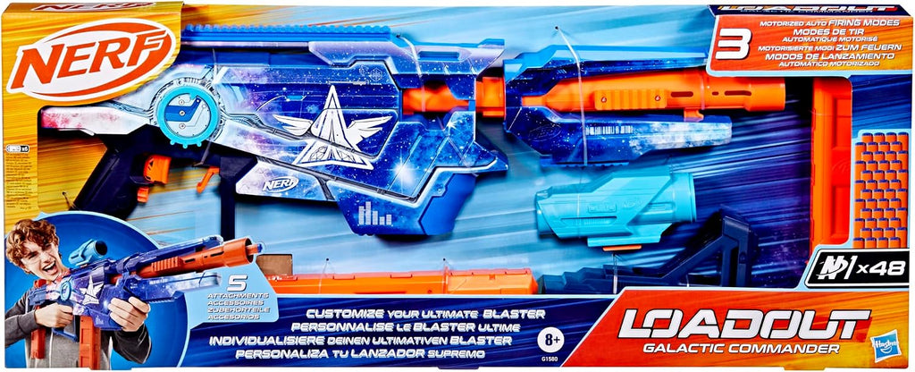 Nerf Loadout Galactic Commander - Lanzador motorizado, 3 modos de disparo, 3 accesorios de accesorios, 48 dardos Nerf N1, juguetes y regalos para niños, a partir de 8 años
