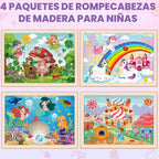 Rompecabezas para niños de 4 a 6 años, 4 paquetes de rompecabezas de madera para niños pequeños de 2 a 4 años, tableros educativos de rompecabezas de princesa, unicornio, sirena y hada para preescolar