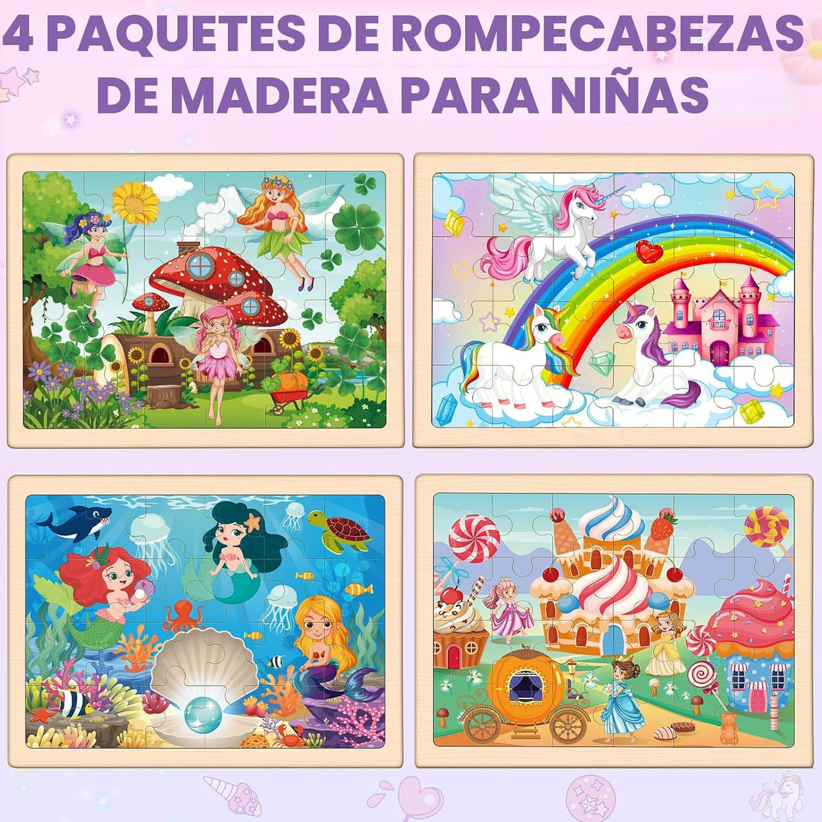 Rompecabezas para niños de 4 a 6 años, 4 paquetes de rompecabezas de madera para niños pequeños de 2 a 4 años, tableros educativos de rompecabezas de princesa, unicornio, sirena y hada para preescolar