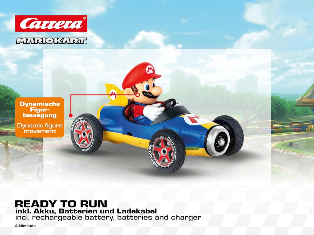 Carrera - Producto con licencia oficial RC de Mario Kart 8 Mach 1: Auto a escala 18 con control remoto de 2.4 GHz y batería recargable Lifepo4