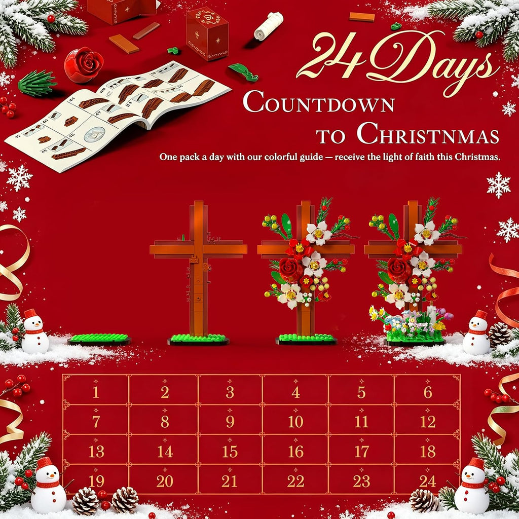 Juego de construcción de calendario de Adviento de Navidad de Jesús Cross Flower 2026, compatible con Lego, 24 días de cruz religiosa, coleccionables, cuenta regresiva, católicos, cristianos