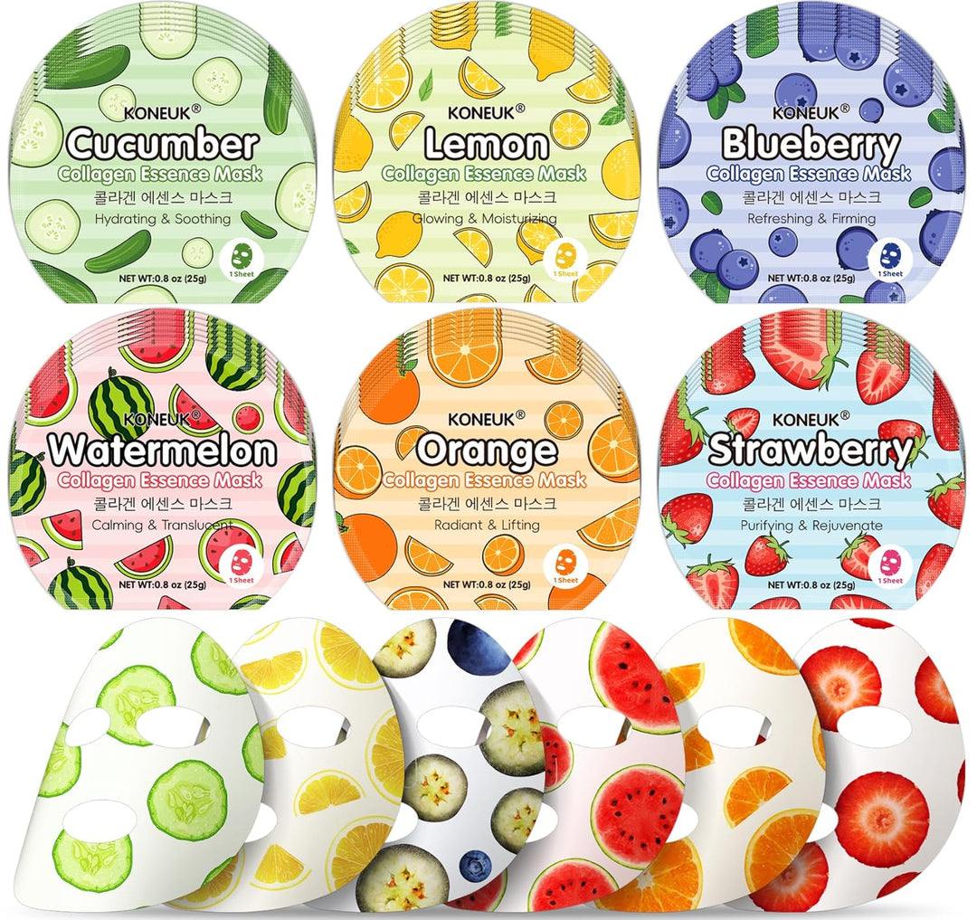 KONEUK Paquete de 36 mascarillas faciales de frutas coloridas, hidr...