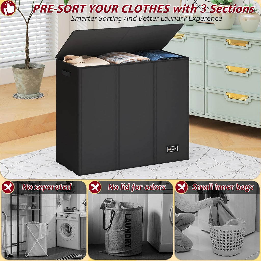 Cesta de lavandería de 3 secciones de 195 litros, cesta grande para la ropa sucia con 3 bolsas interiores, cesta organizadora plegable para lavandería, dormitorio, cesta clasificadora de lavandería, 3 compartimentos