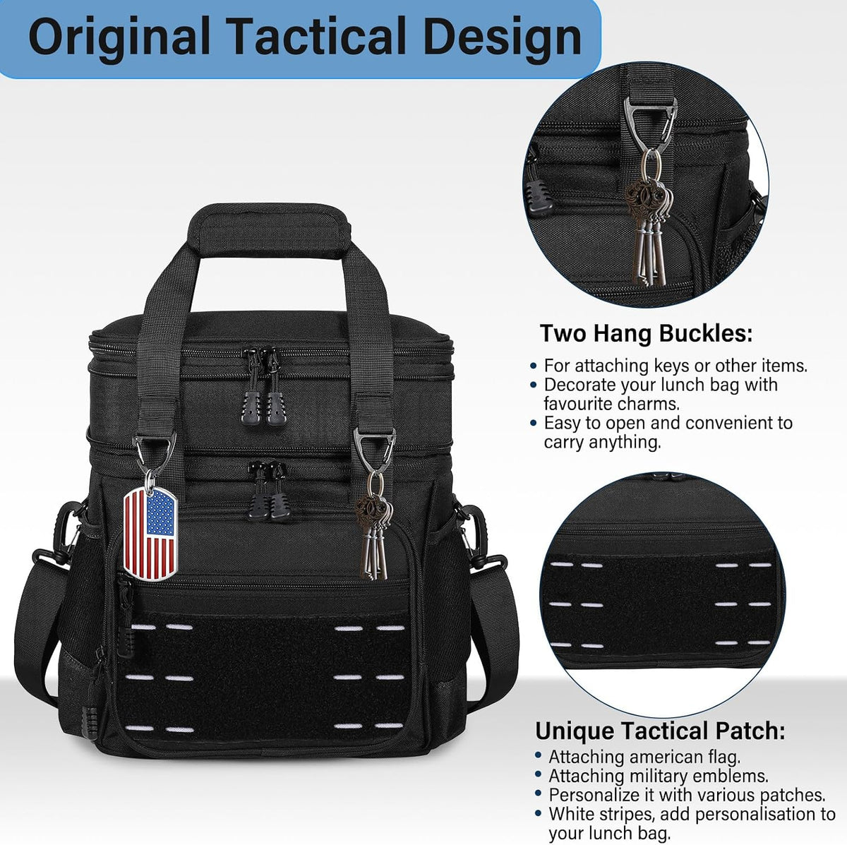 Bolsa de almuerzo con enfriador - Lonchera táctica aislada para hombres - Cubo de almuerzo grande y suave expandible para adultos, trabajo, al aire libre, turnos, viajes, negro, 16L