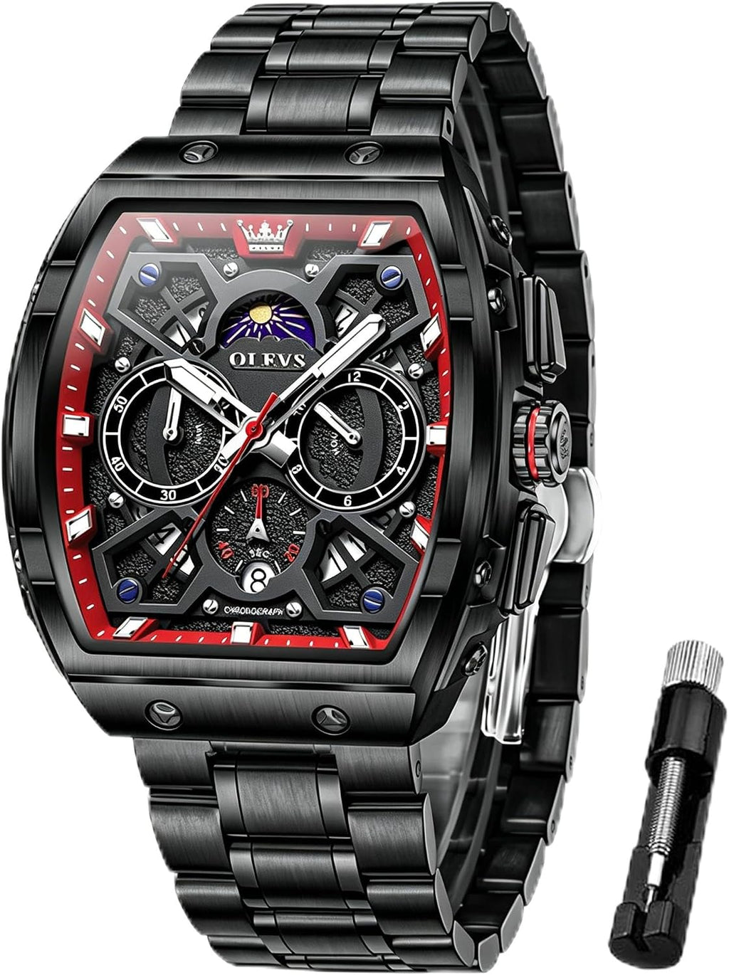 OLEVS Reloj para Hombres Analógico Cuarzo Lujo Diamante Resistente al Agua Cronógrafo Acero Inoxidable Carita Grande Cuadrado Fecha Fase Lunar Romano Relojes de Vestir para Hombres