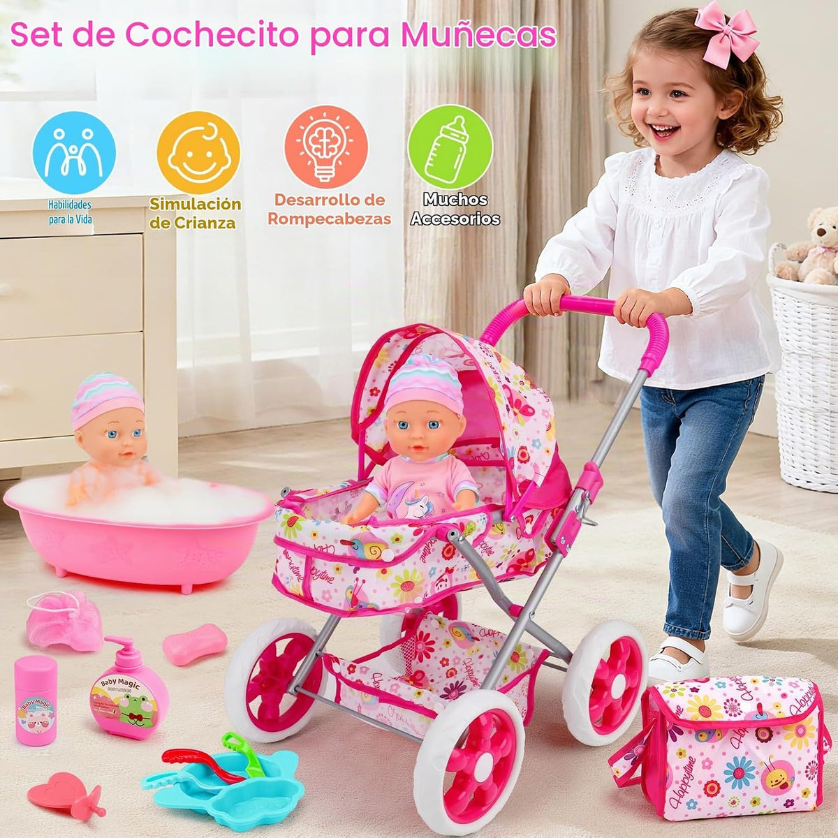 Juego de cochecito de muñeca de bebé, juguetes para niñas y niños