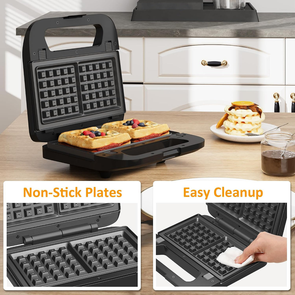 Sandwichera eléctrica 3 en 1 con placas antiadherentes extraíbles, 750 W, color negro para gofres belgas/panini/parrilla/desayuno, apto para lavavajillas, mango de tacto frío, fácil de limpiar y