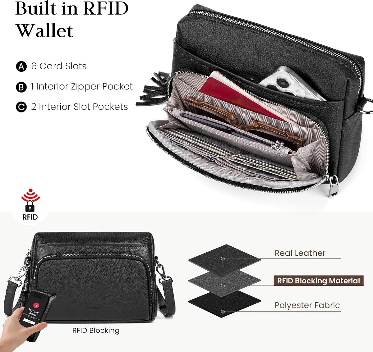 befen Bolsos cruzados de cuero genuino para mujer, cartera de cuero para