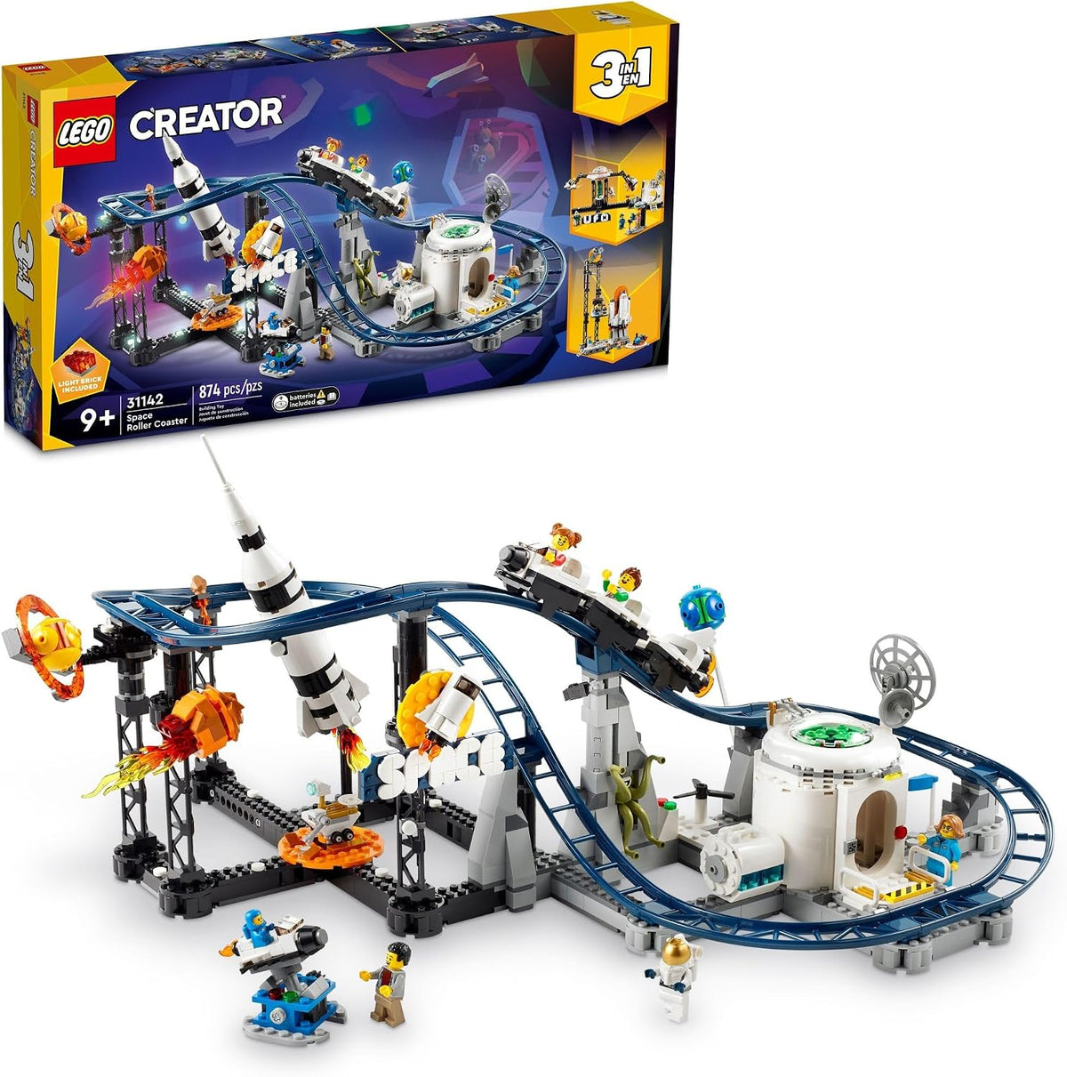 LEGO Creator 31142 - Juego de construcción de montaña rusa espacial 3 en 1 con montaña rusa, torre de caída, carrusel y 5 minifiguras, parque de diversiones reconstruible para niños de 9 años en