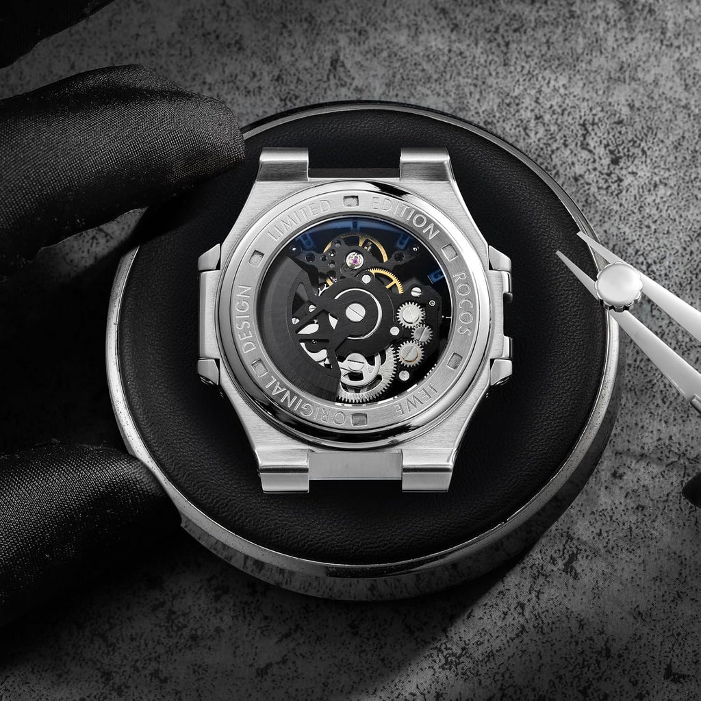 ROCOSJEWE Reloj Skeleton Automático de Lujo para Hombre, Reloj de Pulsera Mecánico de vestir, Remonte automático con esfera azul/negra, Joyería de acero inoxidable, manecillas luminosas, resistente al agua R0143