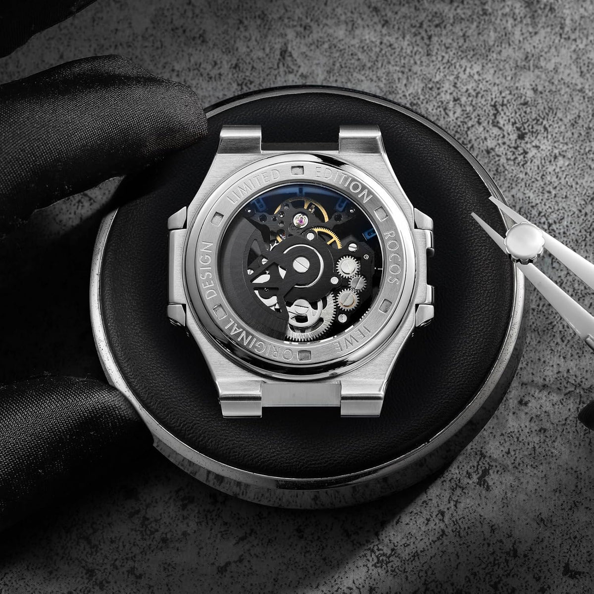 ROCOSJEWE Reloj Skeleton Automático de Lujo para Hombre, Reloj de Pulsera Mecánico de vestir, Remonte automático con esfera azul/negra, Joyería de acero inoxidable, manecillas luminosas, resistente al agua R0143