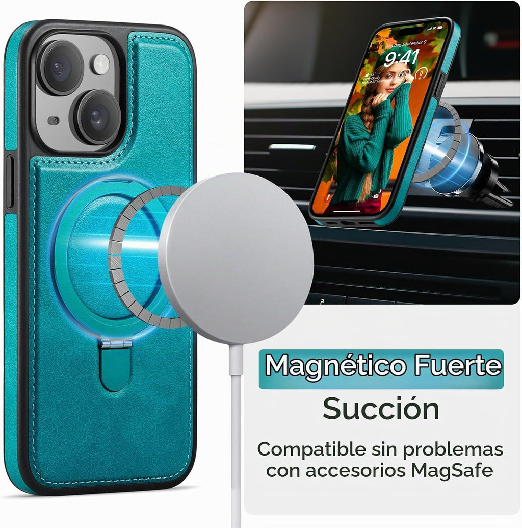Funda para iPhone 15 con Soporte Compatible con MagSafe de Cuero PU Delgado y TPU Duradero a Prueba de Caídas Soporte Magnético Plegable Funda Protectora para Teléfono con Protector de