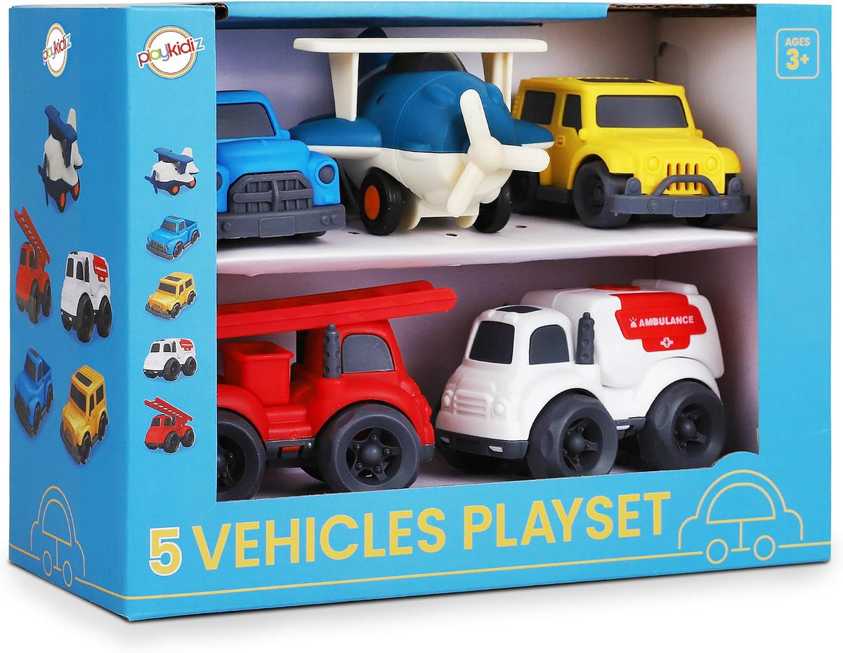 Paquete de 5 juguetes para niños pequeños, autos de juguete, incluyendo avión, camión de bomberos, ambulancia, camión de recogida y Jeep, regalo ideal para edades de 3 a 5 años (los colores pueden variar)