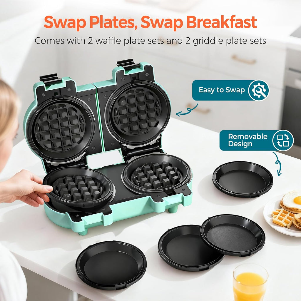 Mini waflera y panqueques 2 en 1 con platos extraíbles