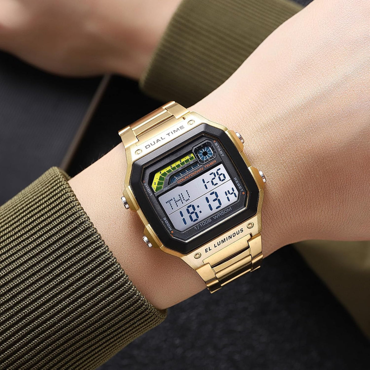 PASOY Reloj de pulsera digital multifunción para hombre, con hora doble, alarma, cronómetro, cuenta regresiva, retroiluminación, resistente al agua