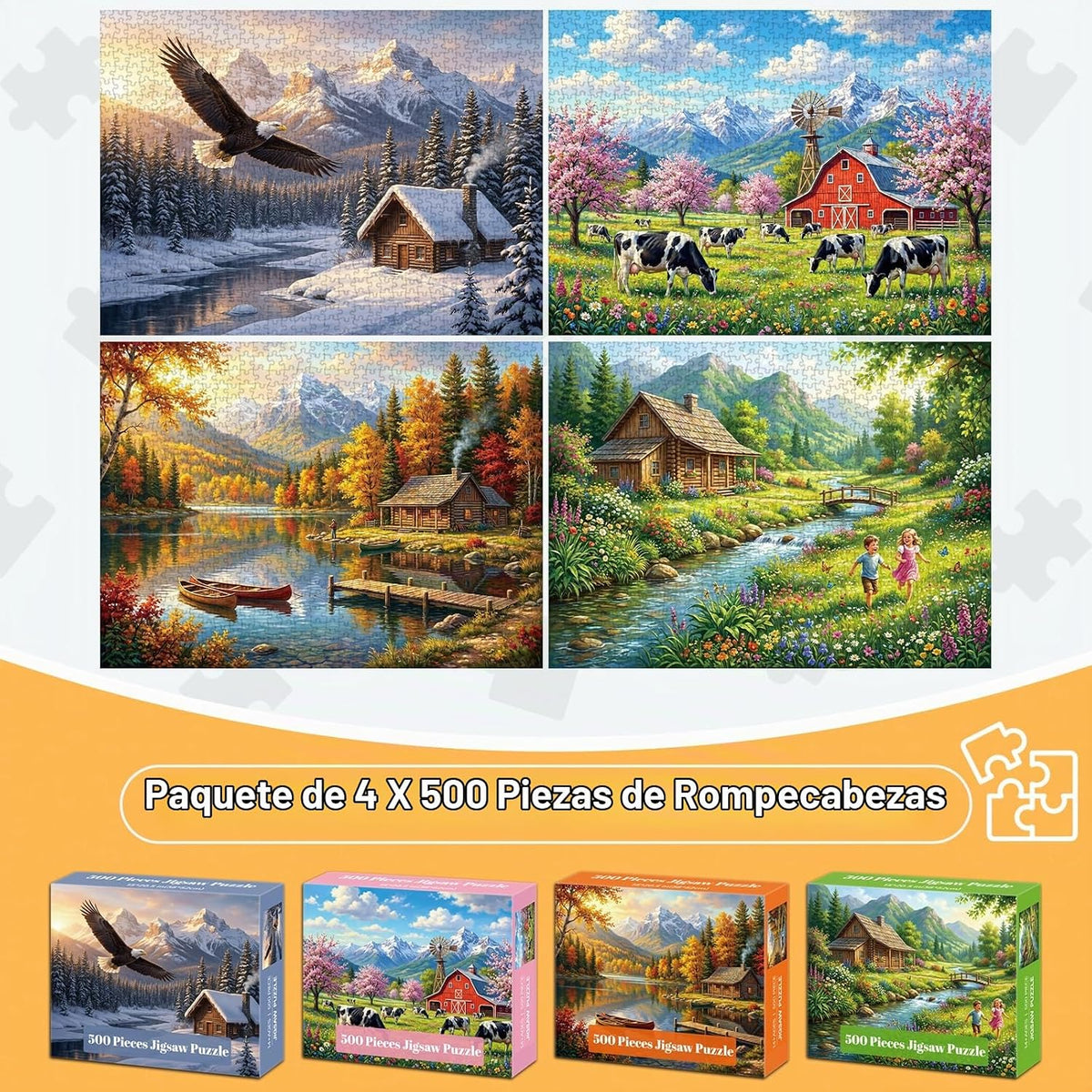 Paquete de 4 rompecabezas de 500 piezas para adultos, rompecabezas de paisaje de cuatro estaciones para adultos, 500 piezas, divertidos rompecabezas desafiantes de 500 piezas para adultos, juego