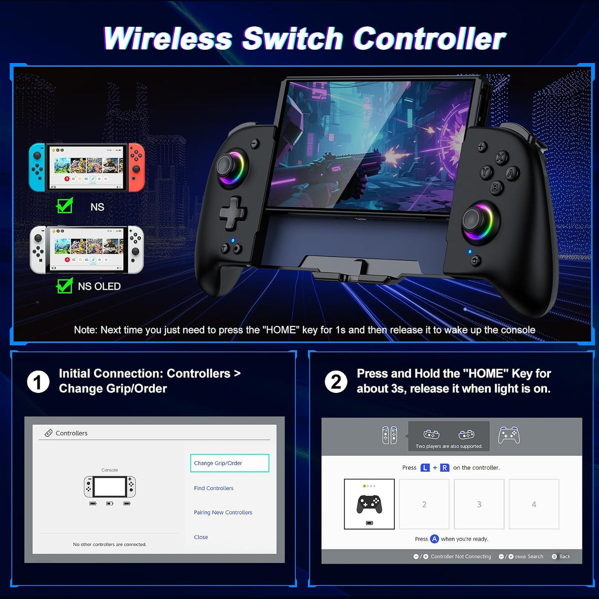 Gammeefy Control de Switch – Joysticks de Efecto Hall y agarre mejorado – Reemplazo de mando único para Switch Joypad con 8 iluminación RGB en color, Turbo, Macros - Negro, 6.2"/7"
