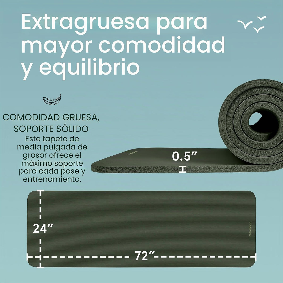Retrospec Solana - Tapete de yoga grueso de 1/2 pulgada antideslizante con correa de nailon, 72 x 24 pulgadas, tapete de ejercicio para pilates, estiramiento y fitness, sin BPA, fácil de limpiar