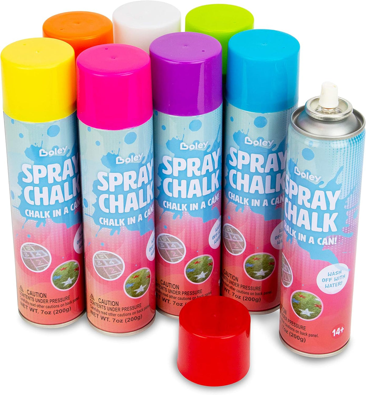 Boley Tiza en aerosol, paquete de 8 pinturas en aerosol lavables de 7 onzas cada una, no tóxica, colores vibrantes al aire libre para pavimento, hierba, arena y nieve, regalo divertido para