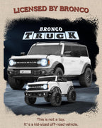 First Ride On Auto de 24 V y 2 plazas para niños, base Ford Bronco con licencia con control remoto, camión eléctrico con Bluetooth, LED, cinturones de seguridad y diseño espacioso (blanco)