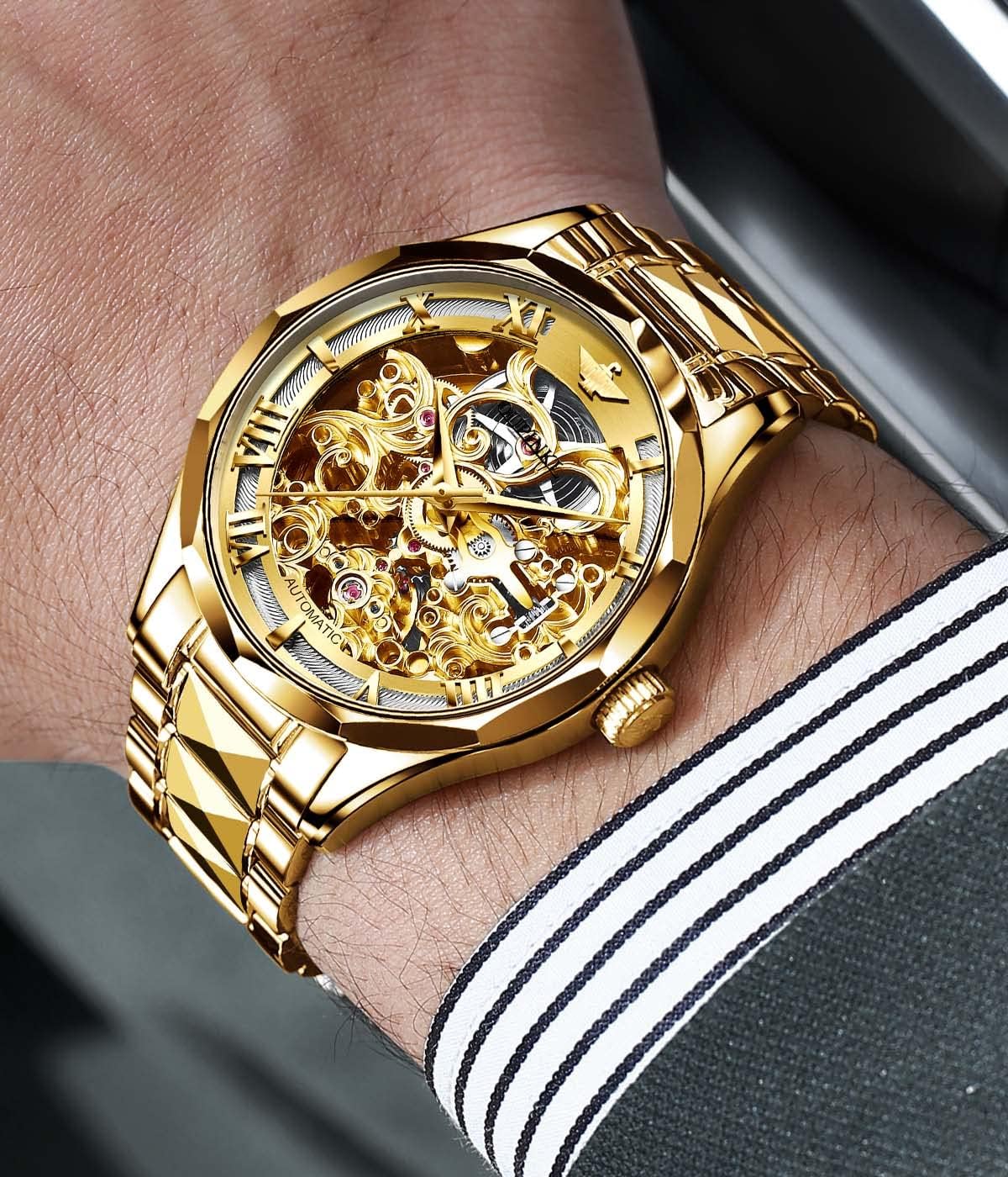 OLEVS Relojes automáticos para hombre esqueleto dorado acero inoxidable